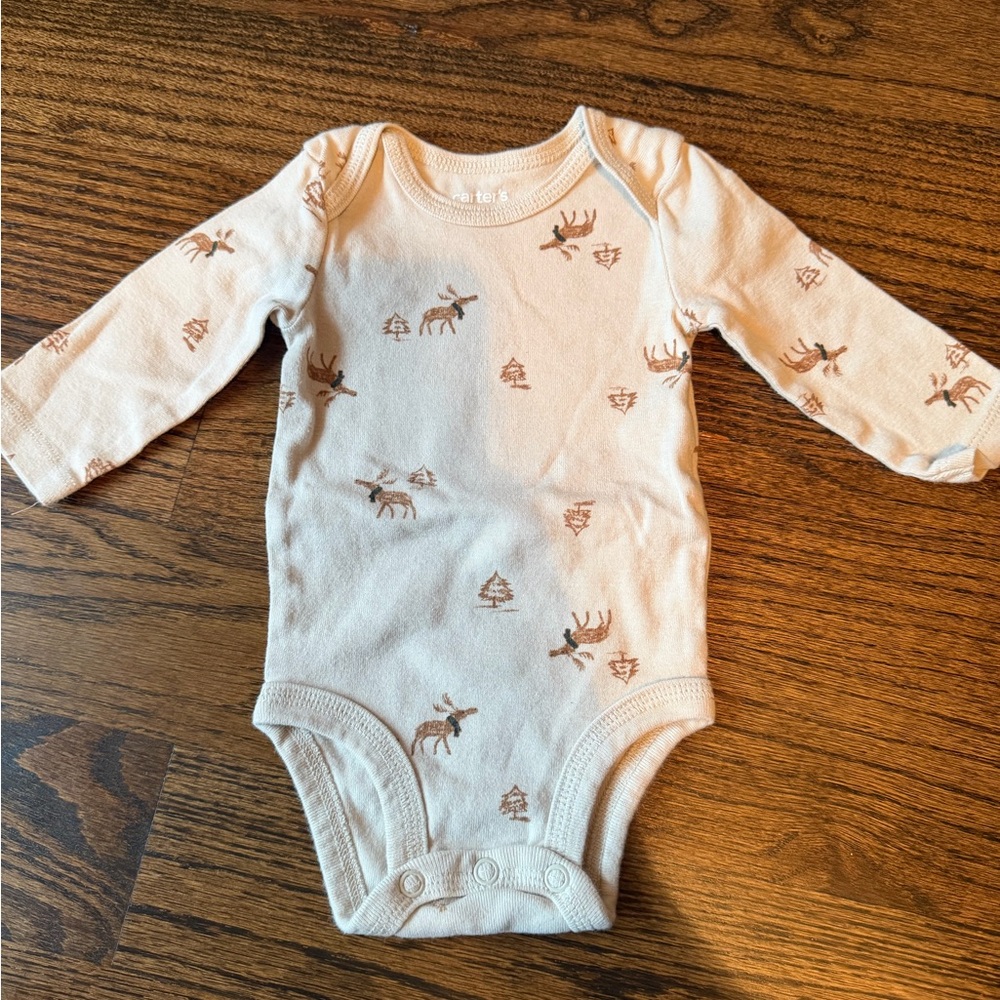 Carter's Cream Long Sleeve Bodysuit with Deer Pattern